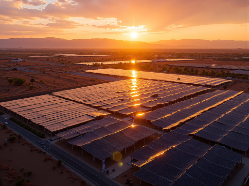 工业园区厂房屋顶太阳能板阵列，大型工业厂房建筑，屋顶铺设大面积太阳能板，工业环境背景
