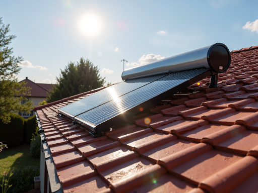 现代化住宅屋顶太阳能板安装全景，多块深蓝色太阳能板整齐排列，阳光充足，蓝天白云背景