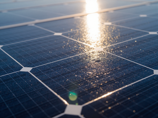 高效型太阳能板正面展示，黑色边框设计，深蓝色面板表面纹理清晰，专业工业设计风格