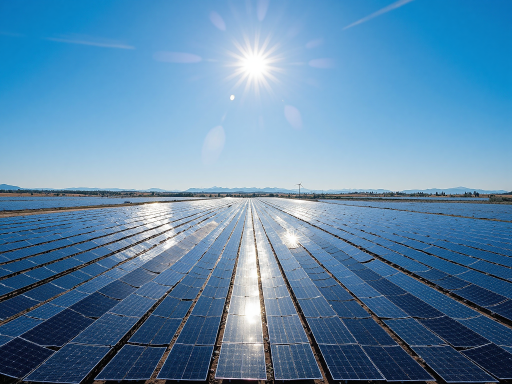 标准型太阳能板正面特写，深蓝色硅晶面板整齐排列，金属边框，阳光照射下反光效果明显